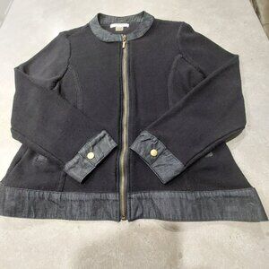 ALIA PETITE Women's Zip Front Knit L/S Cardigan w/Denim Trim - Black - Size PM